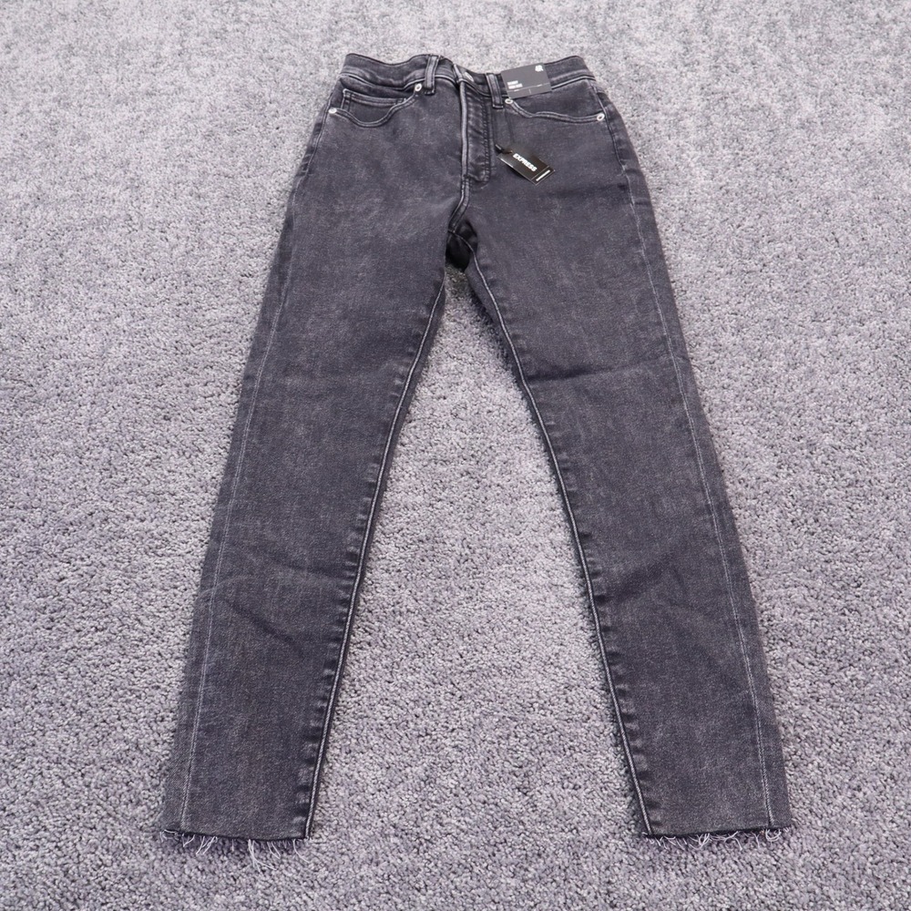 Express Jeans Womens 4R Black High Rise Skinny Acid Wash Raw Hem Denim